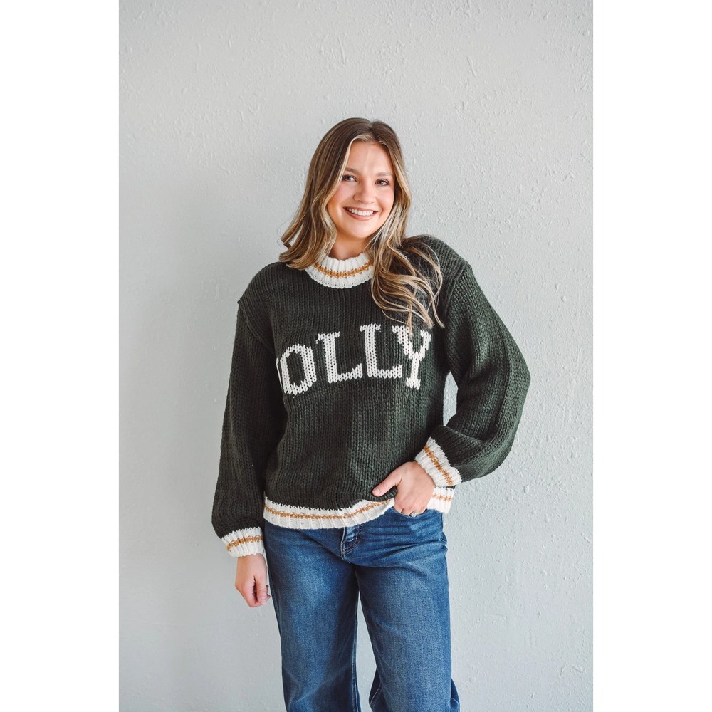 Roolee "Jolly" Graphic Chunky Cable Knit Sweater Women M Green Festive